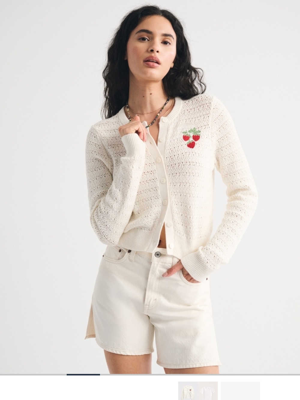 Abercrombie & Fitch Cream Knit Button-Up Cardigan with Strawberry Embroidery
